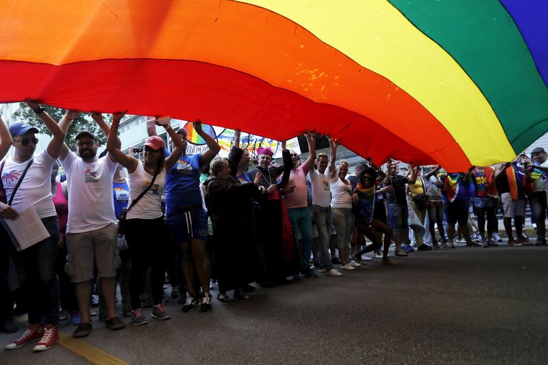 Gay rights activists lift a rainbow flag during the Eighth Annual March against Homophobia and Transphobia in Havana