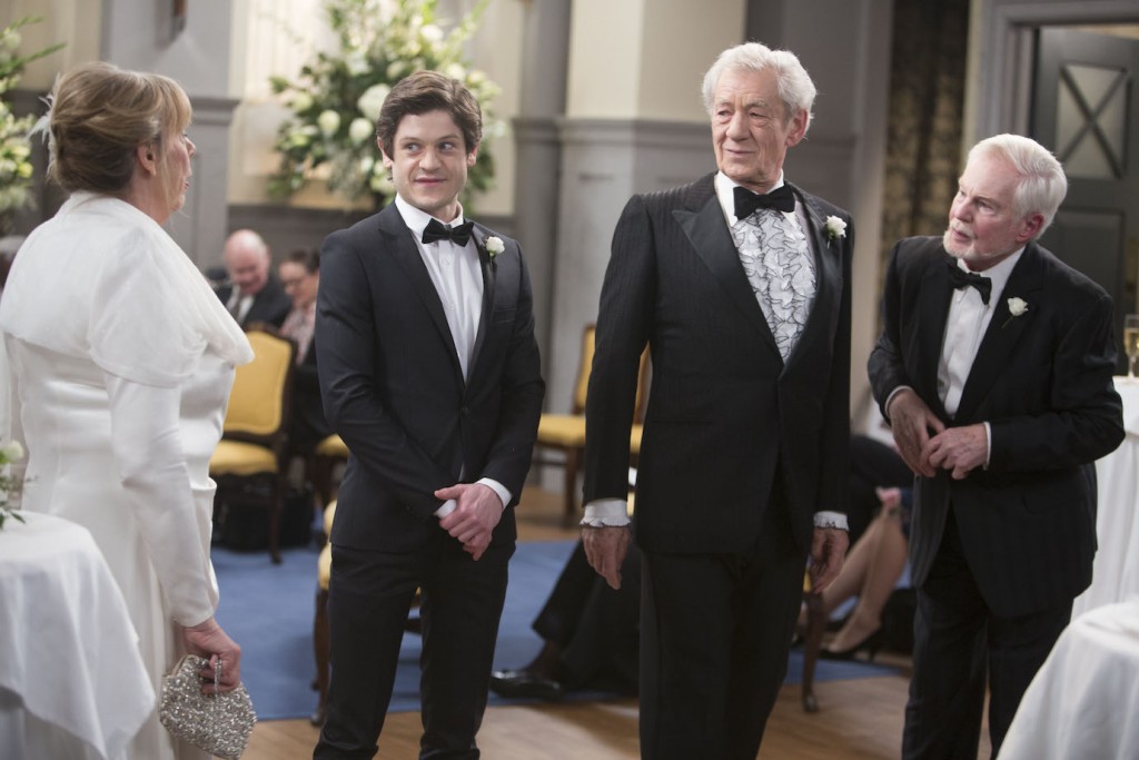 This image is strictly embargoed until 00.01 Tuesday 30th June 2015 From Brown Eyed Boy Vicious: SR2: Ep6: Wedding on ITV Pictured: Violet [Frances de la Tour], Ash [Iwan Rheon], Freddie [Ian McKellen] and Stuart [Derek Jacobi]. This photograph is (C) Brown Eyed Boy and can only be reproduced for editorial purposes directly in connection with the programme or event mentioned above, or ITV plc. Once made available by ITV plc Picture Desk, this photograph can be reproduced once only up until the transmission [TX] date and no reproduction fee will be charged. Any subsequent usage may incur a fee. This photograph must not be manipulated [excluding basic cropping] in a manner which alters the visual appearance of the person photographed deemed detrimental or inappropriate by ITV plc Picture Desk.  This photograph must not be syndicated to any other company, publication or website, or permanently archived, without the express written permission of ITV Plc Picture Desk. Full Terms and conditions are available on the website www.itvpictures.com For further information please contact: james.hilder@itv.com / 0207 157 3052