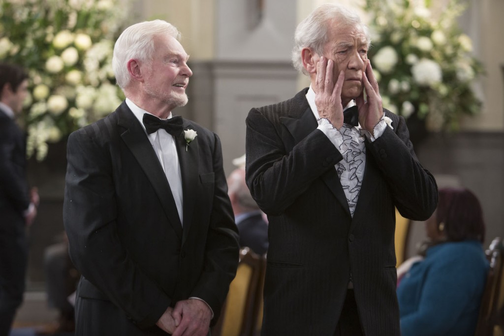 This image is strictly embargoed until 00.01 Tuesday 30th June 2015 From Brown Eyed Boy Vicious: SR2: Ep6: Wedding on ITV Pictured: Freddie [Ian McKellen] and Stuart [Derek Jacobi]. This photograph is (C) Brown Eyed Boy and can only be reproduced for editorial purposes directly in connection with the programme or event mentioned above, or ITV plc. Once made available by ITV plc Picture Desk, this photograph can be reproduced once only up until the transmission [TX] date and no reproduction fee will be charged. Any subsequent usage may incur a fee. This photograph must not be manipulated [excluding basic cropping] in a manner which alters the visual appearance of the person photographed deemed detrimental or inappropriate by ITV plc Picture Desk.  This photograph must not be syndicated to any other company, publication or website, or permanently archived, without the express written permission of ITV Plc Picture Desk. Full Terms and conditions are available on the website www.itvpictures.com For further information please contact: james.hilder@itv.com / 0207 157 3052