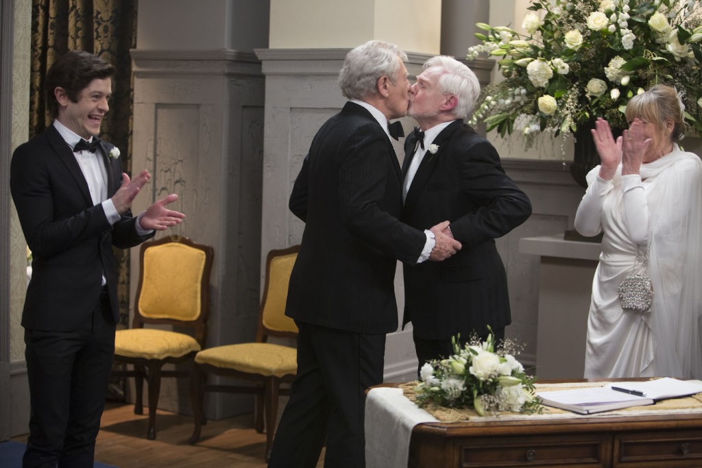 This image is strictly embargoed until 00.01 Tuesday 30th June 2015 From Brown Eyed Boy Vicious: SR2: Ep6: Wedding on ITV Pictured: Ash [Iwan Rheon], Freddie [Ian McKellen], Stuart [Derek Jacobi] and Violet [Frances de la Tour]. This photograph is (C) Brown Eyed Boy and can only be reproduced for editorial purposes directly in connection with the programme or event mentioned above, or ITV plc. Once made available by ITV plc Picture Desk, this photograph can be reproduced once only up until the transmission [TX] date and no reproduction fee will be charged. Any subsequent usage may incur a fee. This photograph must not be manipulated [excluding basic cropping] in a manner which alters the visual appearance of the person photographed deemed detrimental or inappropriate by ITV plc Picture Desk.  This photograph must not be syndicated to any other company, publication or website, or permanently archived, without the express written permission of ITV Plc Picture Desk. Full Terms and conditions are available on the website www.itvpictures.com For further information please contact: james.hilder@itv.com / 0207 157 3052