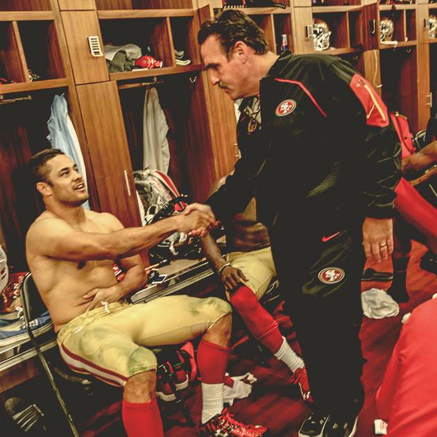Hayne (seated) in the locker room. Source: Facebook