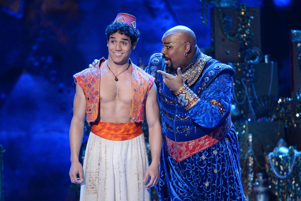 NEW YORK, NY - JUNE 08: Actor Adam Jacobs and James Monroe Iglehart perform "Aladdin" onstage during the 68th Annual Tony Awards at Radio City Music Hall on June 8, 2014 in New York City. (Photo by Theo Wargo/Getty Images for Tony Awards Productions)