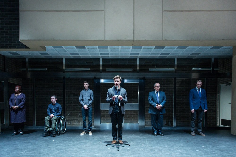 Oliver Johnstone (Drew) and the cast of Teddy Ferrara at the Donmar Warehouse - photo by Manuel Harlan