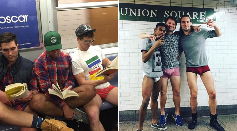 The Mirror on X: No Pants Subway Ride 2016: London commuters strip down to  underwear   / X