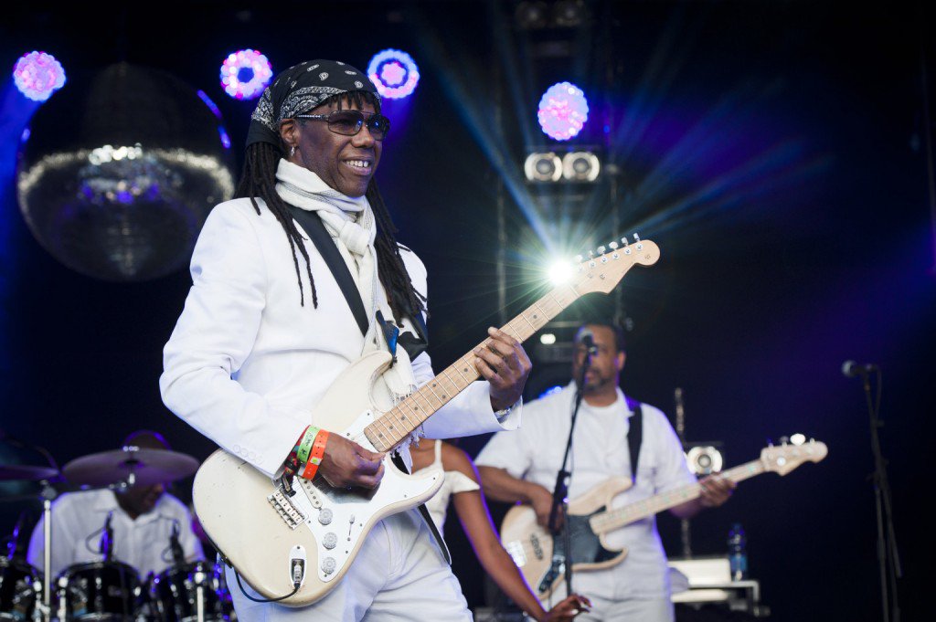 Nile Rodgers of Chic performs on stage at Camp Bestival 2012, Lulworth Castle in Dorset.