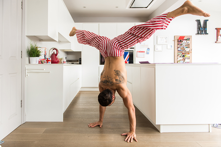 EDITORIAL USE ONLY Olympic medal winning gymnast Louis Smith performs a unique morning routine to mark his appointment as a Kellogg’s Team GB ambassador and to launch the #GreatStarts competition ahead of the Olympic Games in Rio 2016 Issue date: Wednesday May 18, 2016. The public are being encouraged to share how they start the day right by using the #GreatStarts hashtag on social media, which will enter them into an exclusive competition to win a pair of tickets to see Team GB at the Olympic Games. Photo credit should read: Daniel Lewis / Kellogg’s