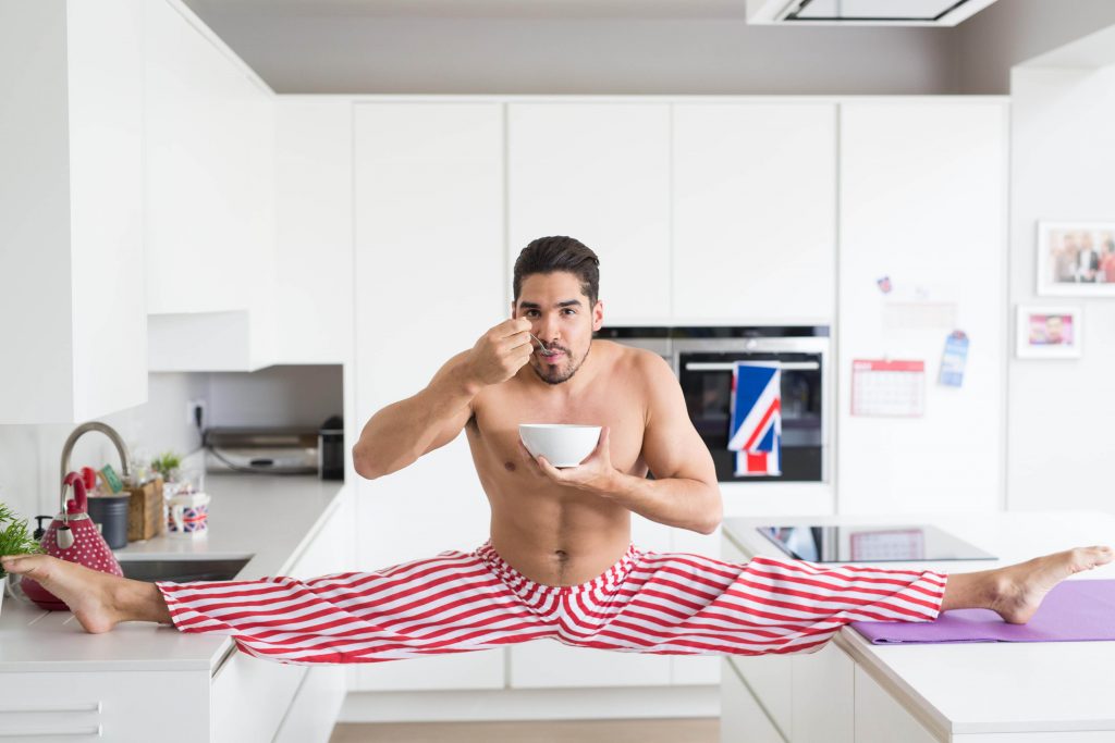 EDITORIAL USE ONLY Olympic medal winning gymnast Louis Smith performs a unique morning routine to mark his appointment as a KelloggÕs Team GB ambassador and to launch the #GreatStarts competition ahead of the Olympic Games in Rio 2016 PRESS ASSOCIATION Photo. Issue date: Wednesday May 18, 2016. The public are being encouraged to share how they start the day right by using the #GreatStarts hashtag on social media, which will enter them into an exclusive competition to win a pair of tickets to see Team GB at the Olympic Games. Photo credit should read: David Parry/PA Wire