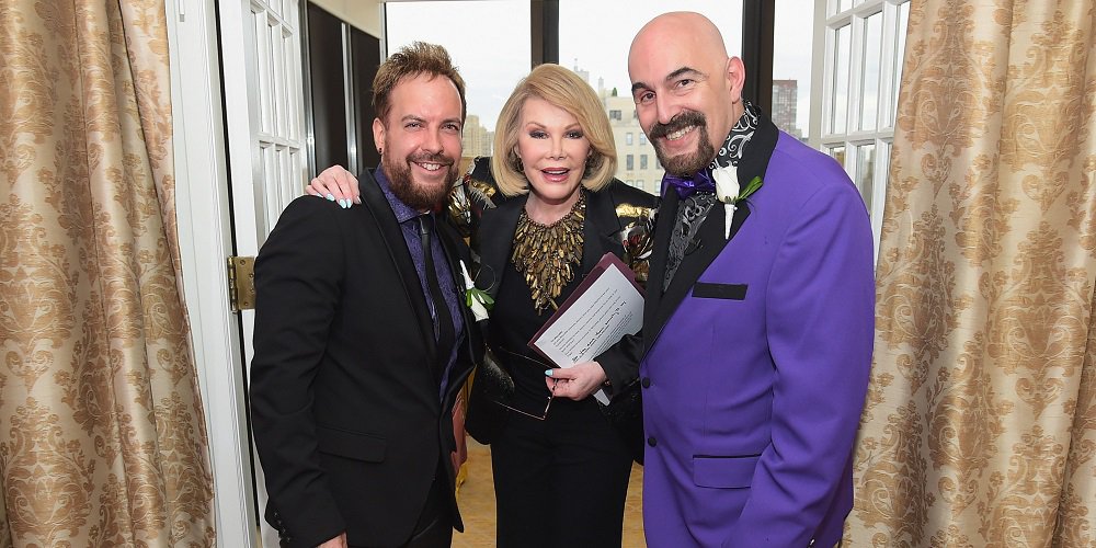 NEW YORK, NY - AUGUST 15: (EXCLUSIVE ACCESS, SPECIAL RATES APPLY) TV personality Joan Rivers officiates the gay wedding of William "Jed" Ryan (L) and Joseph Aiello at the Plaza Athenee on August 15, 2014 in New York City. (Photo by Michael Loccisano/Getty Images)