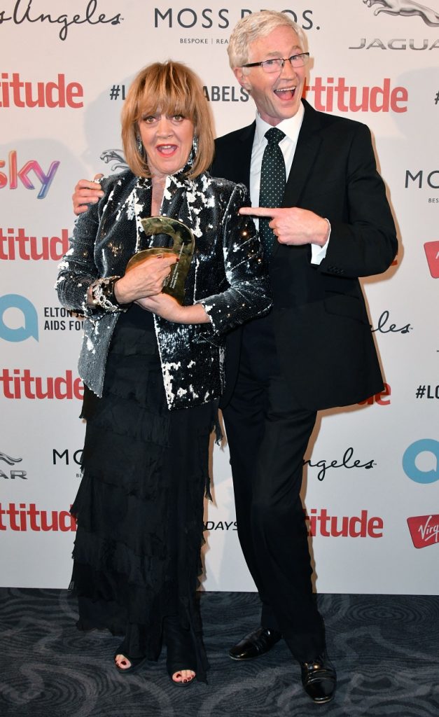 Mandatory Credit: Photo by Nils Jorgensen/REX/Shutterstock (6196672fo) Amanda Barrie, Icon Award for Outstanding Achievement Award, with Paul O'Grady Attitude Magazine Awards, London, UK - 10 Oct 2016 Gay lifestyle magazine's awards ceremony celebrating entertainment, lifestyle, politics and fashion, sponsored by Virgin Holidays, this year's awards benefits the Elton John Aids Foundation, at 8 Northumberland Avenue, London.