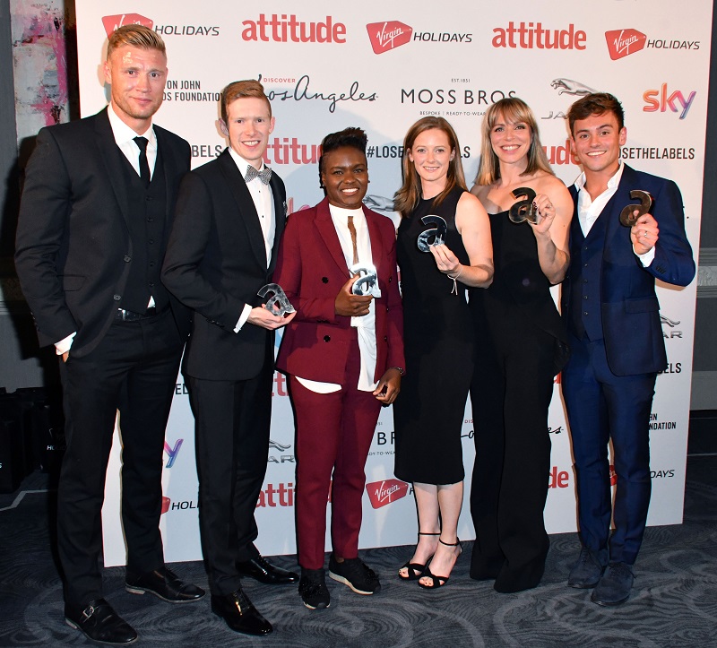 Mandatory Credit: Photo by Nils Jorgensen/REX/Shutterstock (6196672js) Team GB, Active Award Winner, (L-R) Andrew 'Freddie' Flintoff, Tom Bosworth, Nicola Adams, Helen Richardson-Walsh, Kate Richardson-Walsh, Tom Daley. Attitude Magazine Awards, London, UK - 10 Oct 2016 Gay lifestyle magazine's awards ceremony celebrating entertainment, lifestyle, politics and fashion, sponsored by Virgin Holidays, this year's awards benefits the Elton John Aids Foundation, at 8 Northumberland Avenue, London.