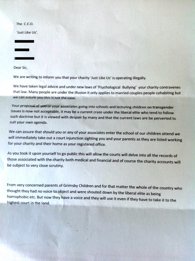 The abusive letter sent to Just Like Us CEO Tim Ramsey's parents.