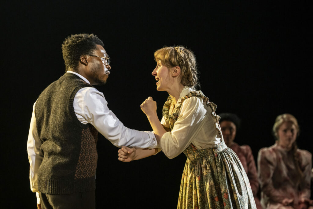 Fisayo Akinade (Rev. Hale) and Erin Doherty (Abigail Williams) in The Crucible at the National Theatre, London.