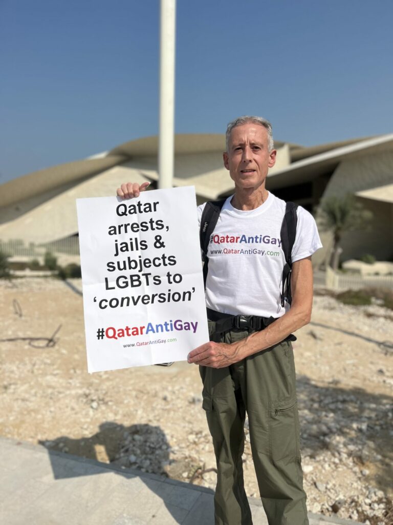 Peter Tatchell protesting in Qatar