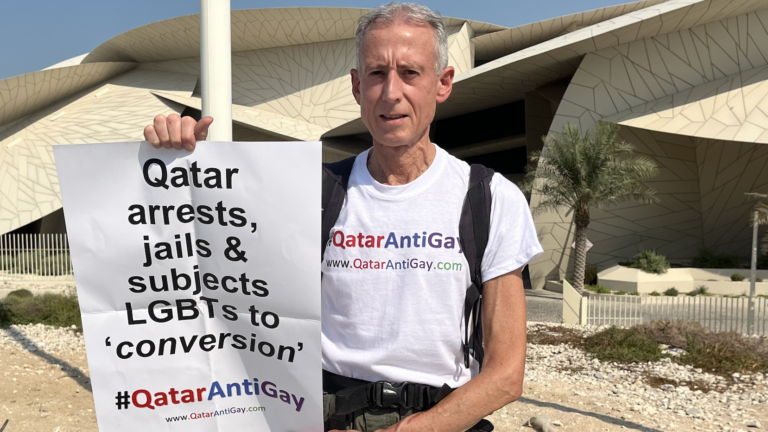 Peter Tatchell protesting in Qatar