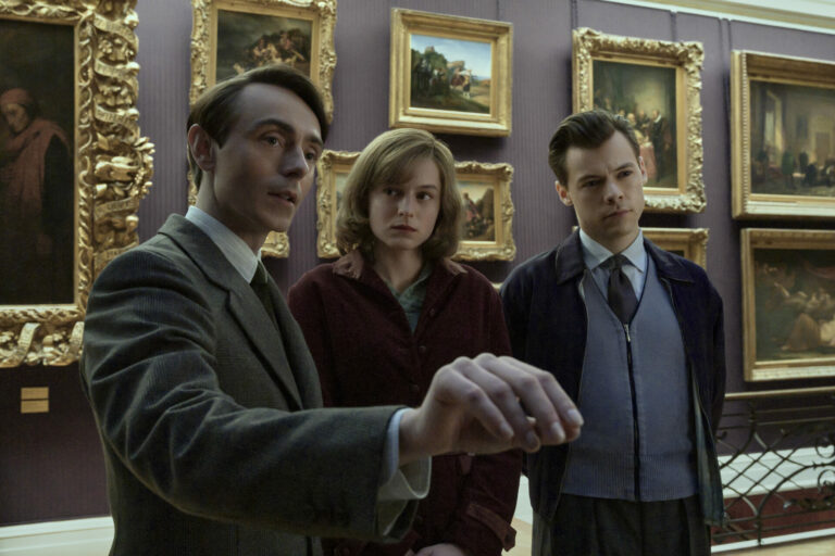 Left-right: David Dawson, Emma Corrin and Harry Styles in My Policeman