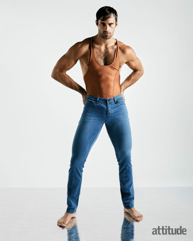 Elliot wears Omar Copper bodysuit and Brooks jeans, both by Rufskin