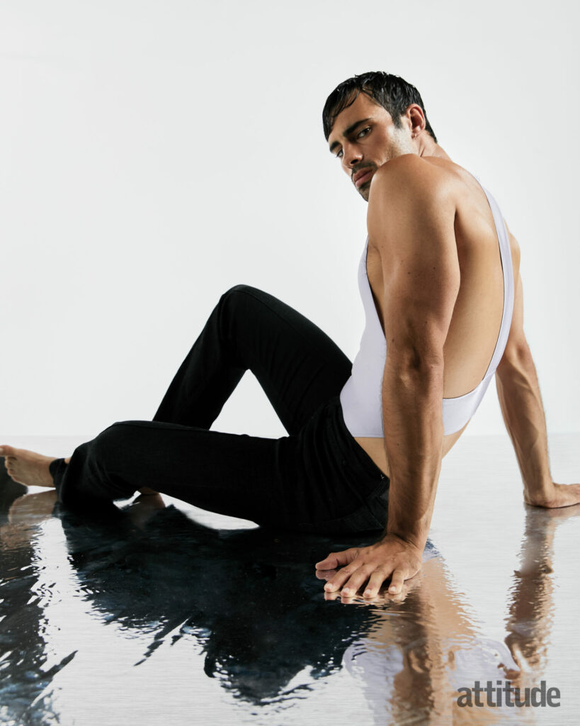 Elliot wears Caio Lavender bodysuit and Jagger jeans, both by Rufskin.
