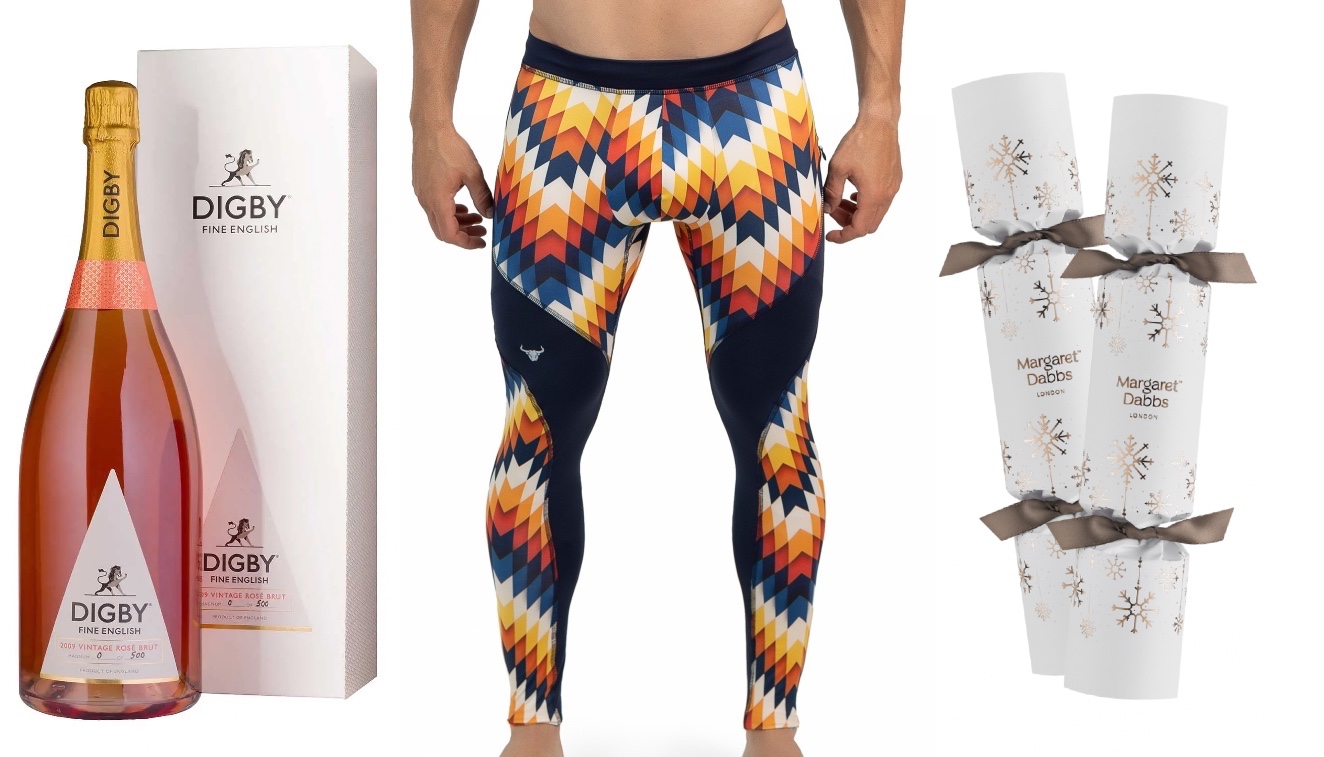 A bottle of bubbles, leggings and Christmas crackers