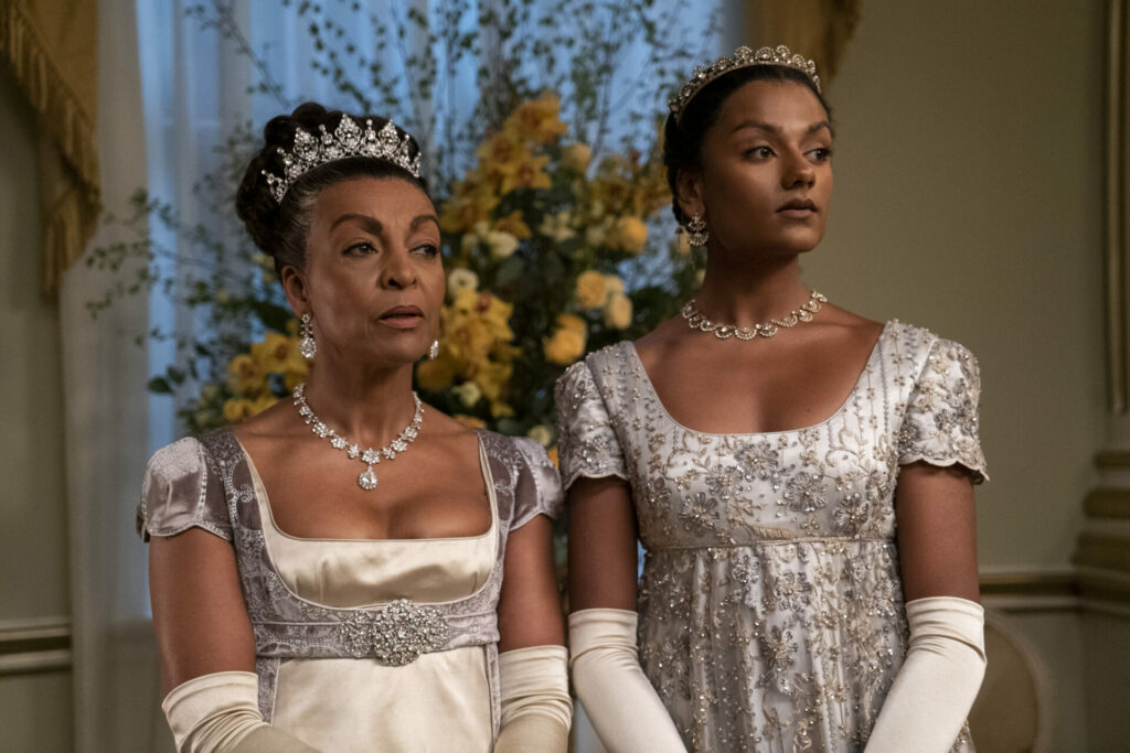 (L to R) Adjoa Andoh as Lady Danbury, Simone Ashley as Kate Sharma in Bridgerton