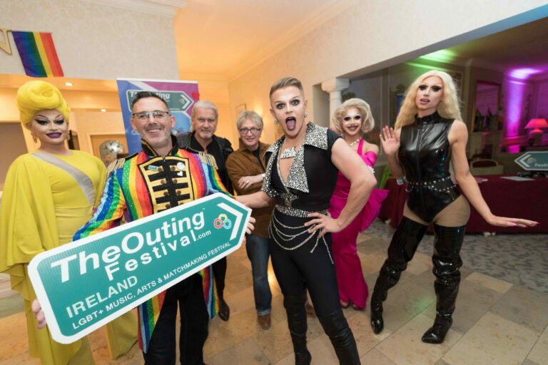 Johnny Logan and Paul Ryder with Eddie McGuinness and drag performers at The Outing Festival