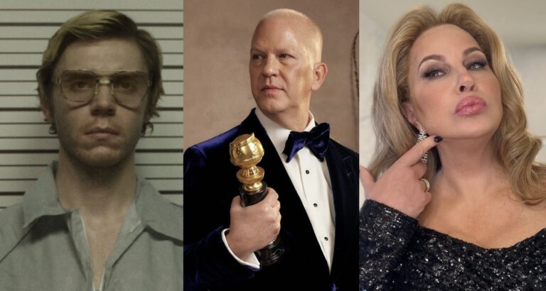 Evan Peters, Ryan Murphy and Jennifer Coolidge