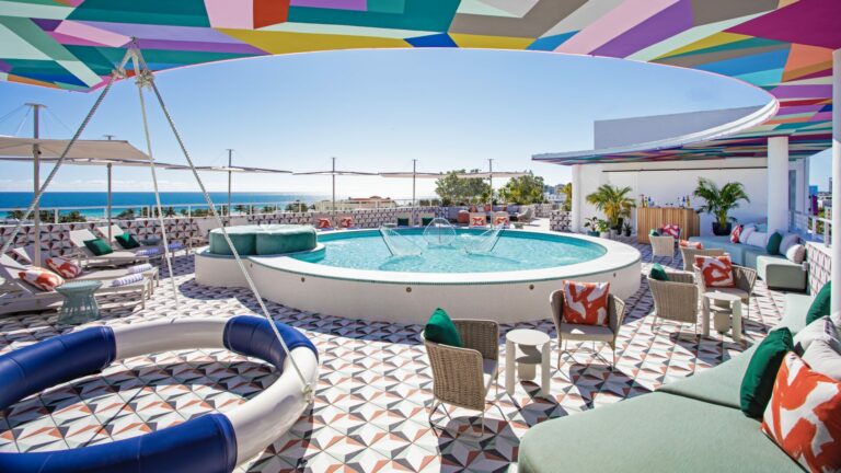 The pool deck at the Moxy Miami South Beach