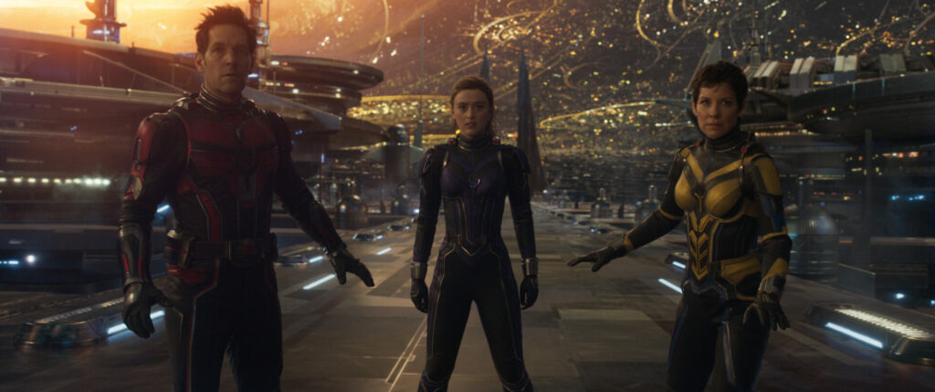 Paul Rudd, Kathryn Newton, and Evangeline Lilly in Marvel's Ant-Man and the Wasp: Quantumania