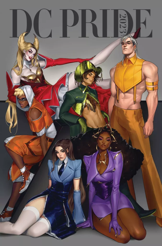 Clockwise from top left: DC’s Harley Quinn, Circuit Breaker, Apollo, Nubia, Dreamer, and Connor Hawke are featured on Oscar Vega’s DC Pride 2023 #1 cardstock variant cover