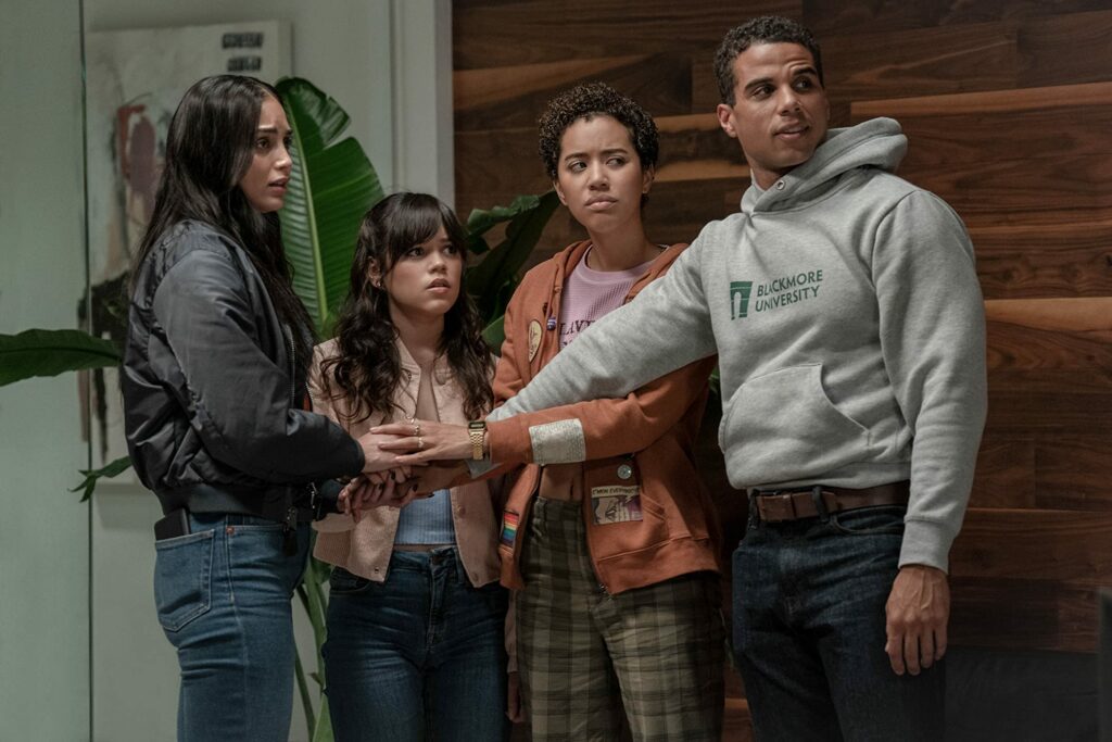 Mason Gooding, Melissa Barrera, Jenna Ortega, and Jasmin Savoy Brown in Scream VI (Image: Paramount)