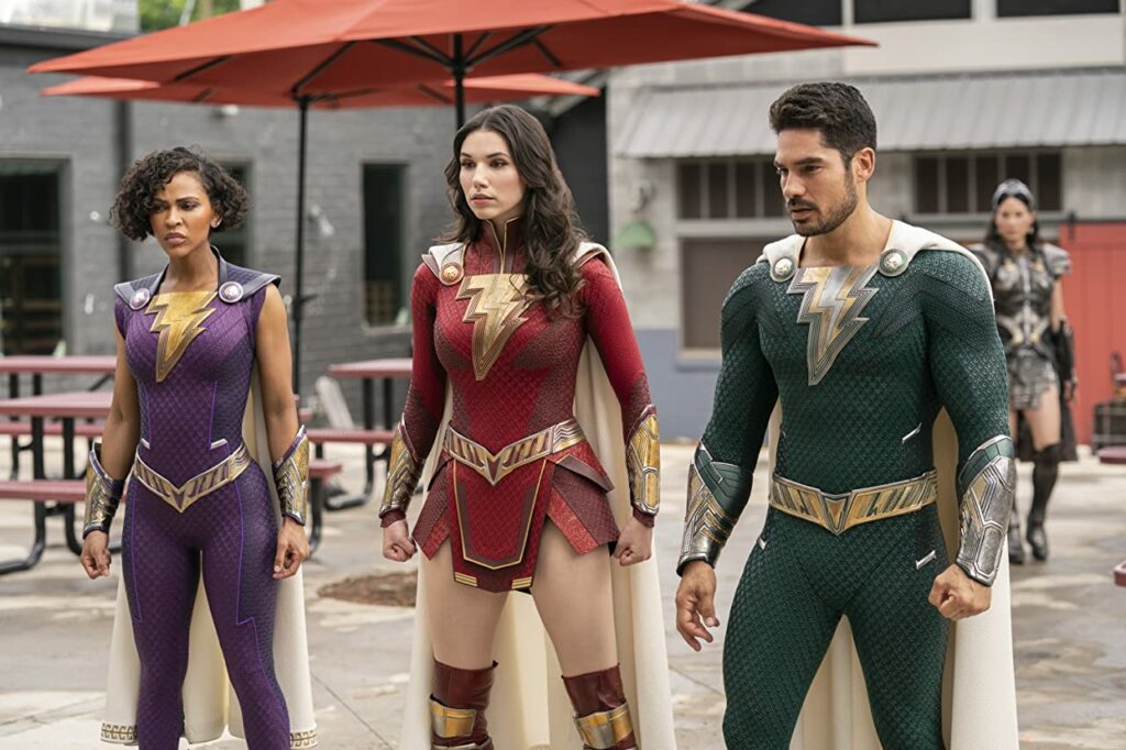 Meagan Good as Dara Dudley, Grace Caroline Currey as Mary Bromfield, and D.J. Cotrona as Pedro Peña in Shazam! Fury of the Gods