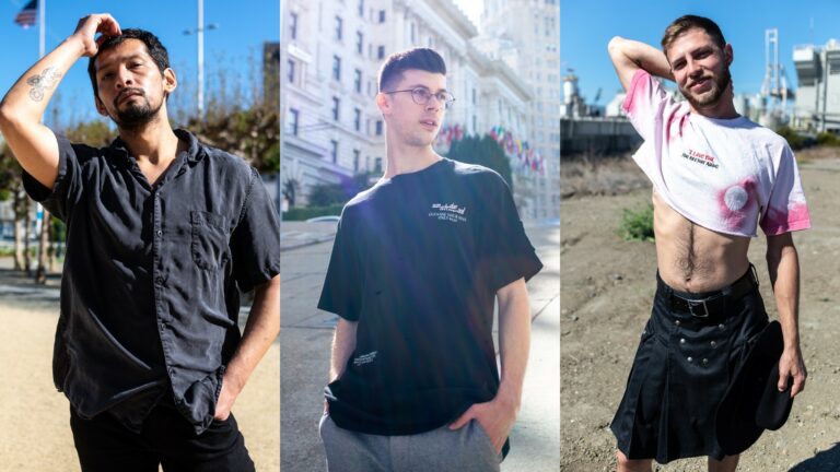 Three men pose outdoors in San Francisco