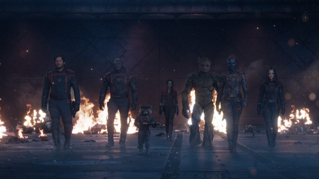 Chris Pratt as Peter Quill/Star Lord, Dave Bautista as Drax, Bradley Cooper as Rocket, Zoe Saldana as Gamora, Vin Diesel as Groot, Karen Gillan as Nebula, and Pom Klementieff in Guardians of the Galaxy Vol. 3