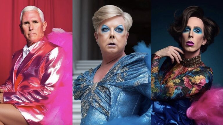 Republicans Mike Pence, Lindsey Graham, and Josh Hawley reimagined as drag queens.