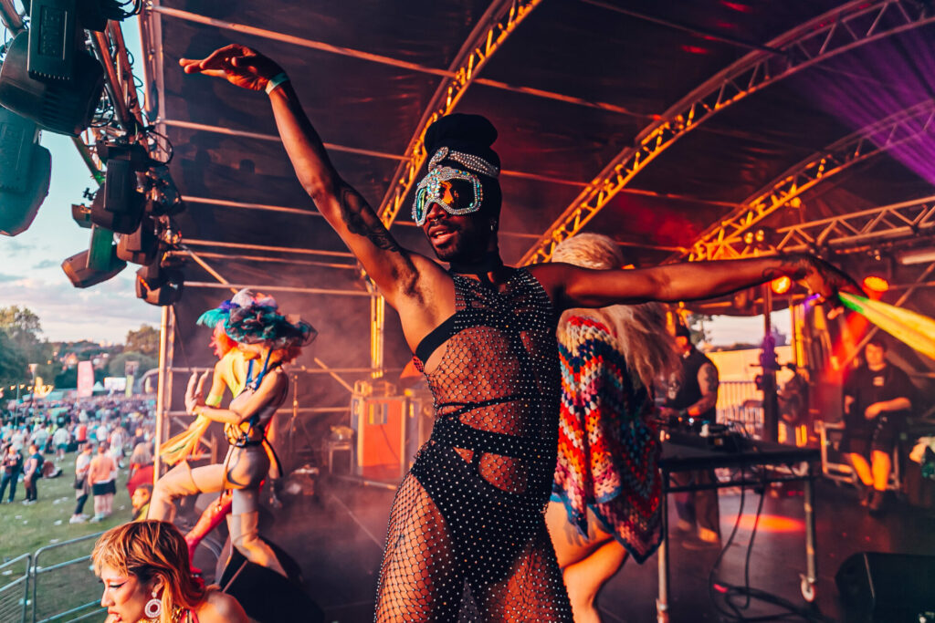 A group of revellers dance during the Mighty Hoopla festival