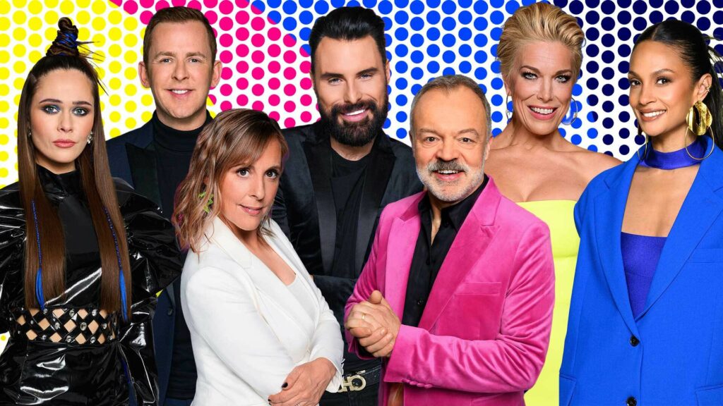 Julia Sanina, Scott Mills, Mel Giedroyc, Rylan, Graham Norton, Hannah Waddingham, and Alesha Dixon front Eurovision 2023