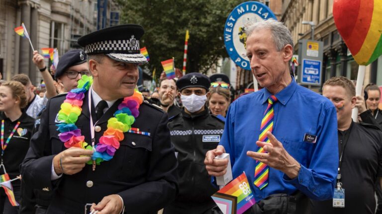 Chief Constable, David Thompson, and Peter Tatchell at Birmingham Pride in 2021.