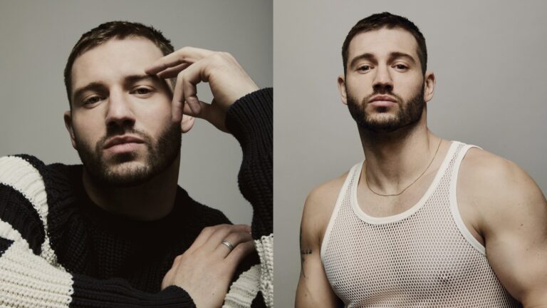 Two images of Alexander Lincoln, he's wearing a black and white striped jumper on the left and a white tank top on the right.