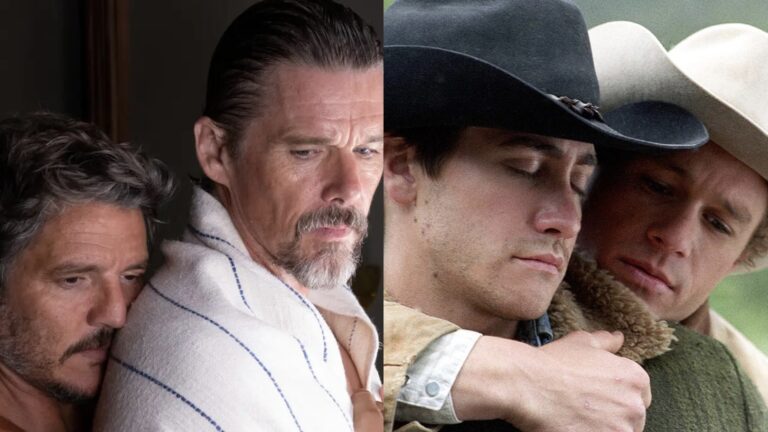 One image of Pedro Pascal holding Ethan Hawke from behind. Another image of Heath Ledger and Jake Gyllenhaal cuddling in cowboy hats.