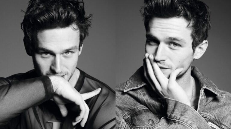 two images of Brandon Flynn: the left of him resting on his hand and the second in a denim jacket.