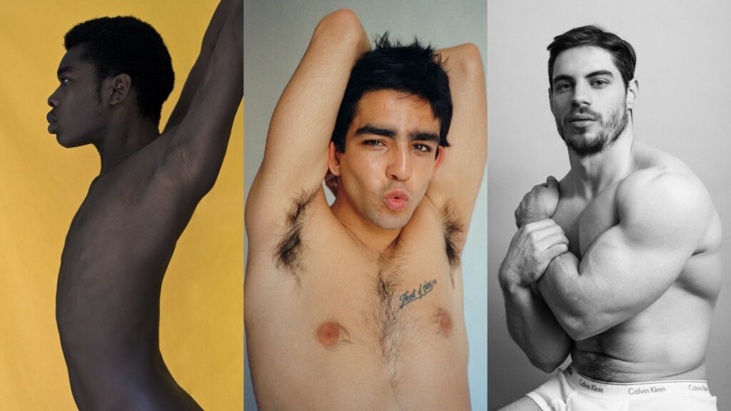 Three images of topless guys from the boys Boys Boys book