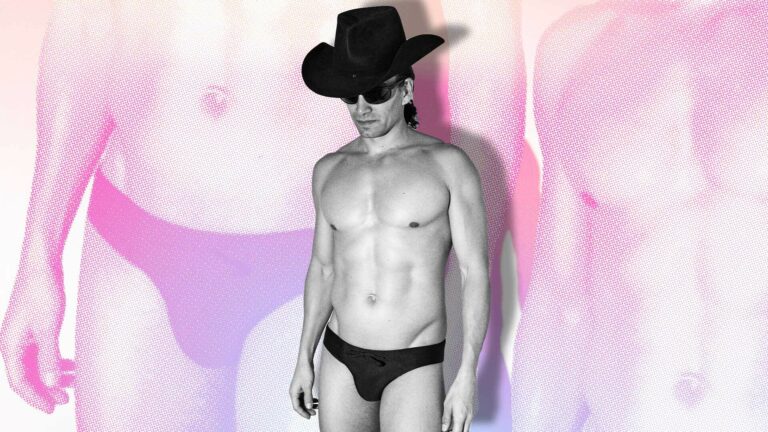 A man wearing just a cowboy hat and swimming briefs is set against a backdrop of close-ups of the briefs and his torso