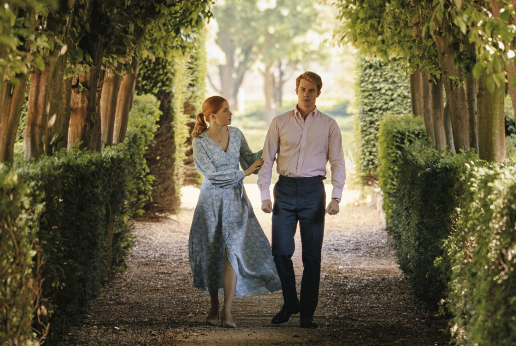 Ellie Bamber as Princess Bea and Nicholas Galitzine as Prince Henry in Prime Video's Red, White & Royal Blue.