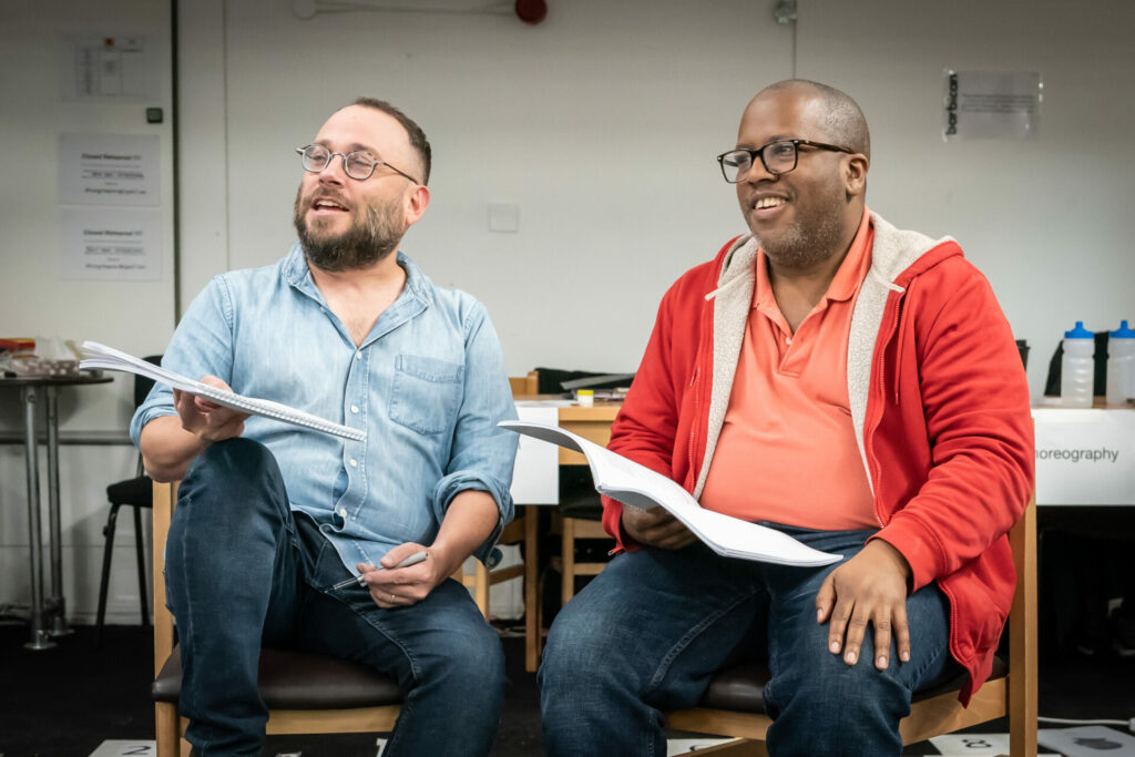 Stephen Brackett (director) and Michael R. Jackson (writer) in rehearsals for A Strange Loop.