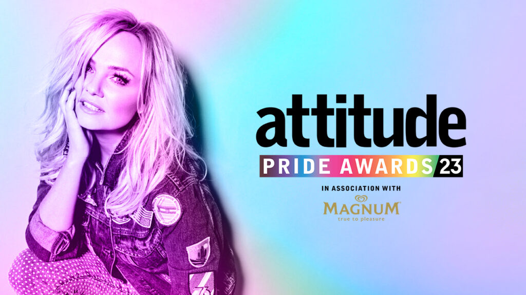 Emma Bunton against the Attitude Pride Awards 2023 logo