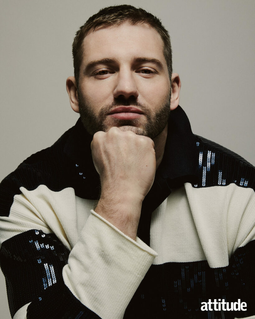 Alexander Lincoln in a black and white striped sequin jumper.