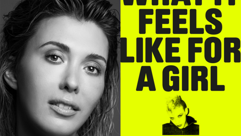 Paris Lees opposite her memoir, What It Feels Like For A Girl