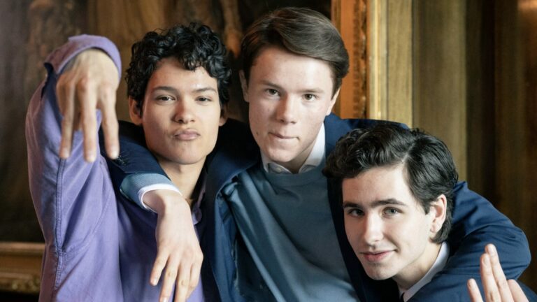 Omar Rudberg, Edvin Ryding and Malte Gårdinger filming Young Royals.