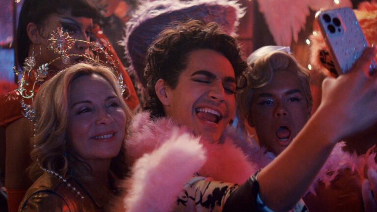 Kim Cattrall as Madolyn, Miss Benny as Marco, Damian Terriquez as Dizmal in Glamorous.