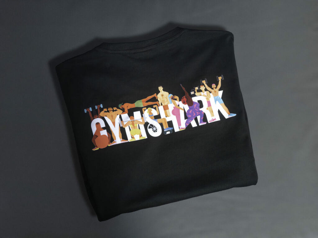 A black T-shirt with Gymshark wording in Pride artwork