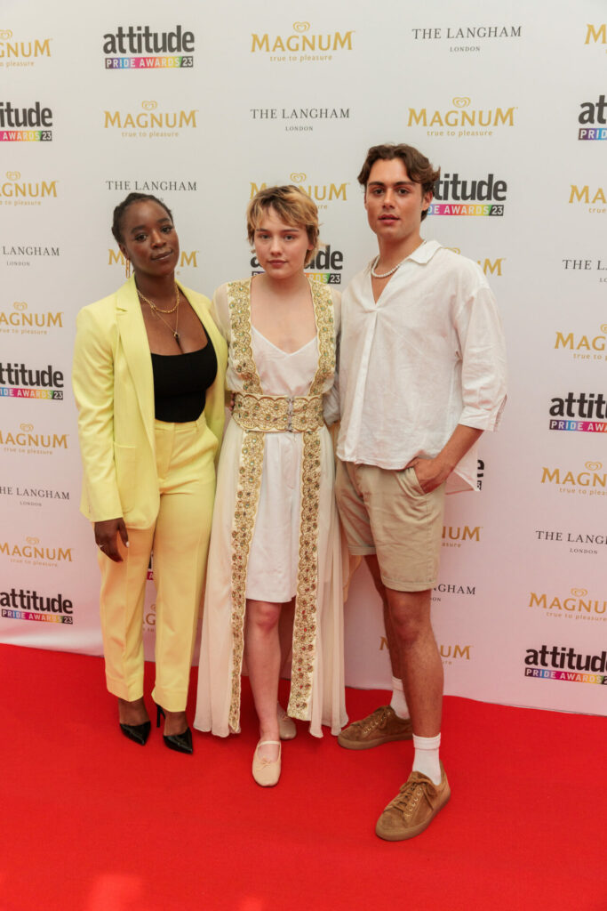 Heartstopper stars Corinna Brown, Kizzy Edgell, and Bradley Riches at the 2023 Attitude Pride Awards